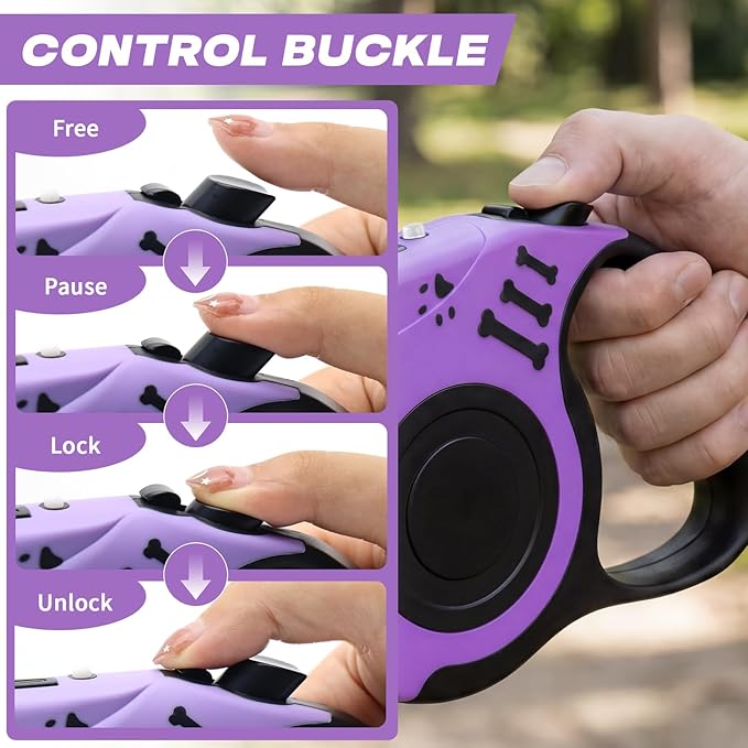 Retractable Dog Leash with USB Rechargeable Flashlight for Night Walks, 16FT Automatic Telescopic Tractor Dog Leash for Small and Medium Dogs, Purple