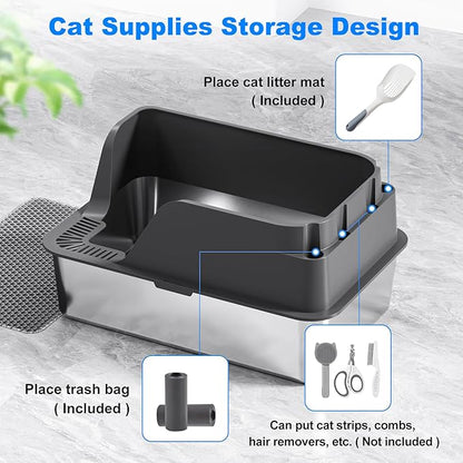 Non-stick Stainless Steel Litter Box, XL Side Opening Splash-Proof & Leak-Proof Seamless Seal, Ellenpent Large Capacity, Cat Litter Box with Lid for Multi-Cats, Large Cats, Easy-Clean & Durable (Gray)