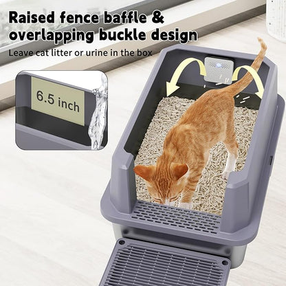 RIZZARI Stainless Steel Litter Box for Cats: Gray Leakproof Open Top Tray - Teflon Non-Stick Coating - Large Size Odor Control for Cats Under 20 lbs - with Deodorizer - 2 Pack