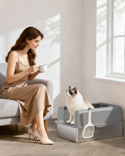 Stainless Steel Cat Litter Box, Extra Large High Sided Litter Boxs for Big Cats, XL Metal Litter Box with Lid, Non Stick, No Smell, Easy to Clean, Included Scoop