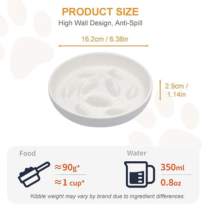 Anti-Bloat Ceramic Slow Feeder Bowl - Fish Pool Design Interactive Puzzle Feeder for Cats & Small Dogs, Food-Safe Porcelain Healthy Eating Dish (White-Ceramic)