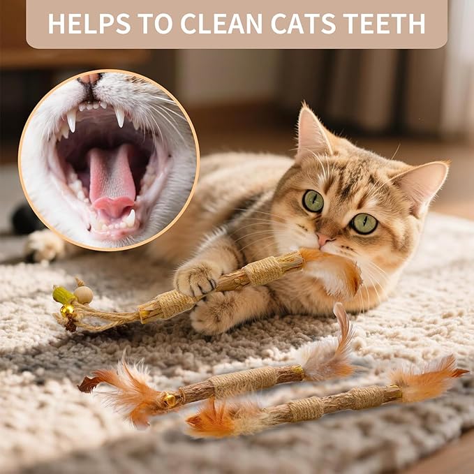 Walfront Cat Toys Interactive,Cats Chew Toys Sticks 2PCS Realistic Tree Stump Toys + 4PCS Pure Natural Log Sticks with Feathers and Bell Natural,Safe Dental Teething Toy for Indoor Cats