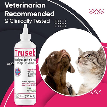 Truseb Maximum Strength Dog Ear Infection Treatment Flush, Cat & Dog Ear Cleaner Solution Medicated with Chlorhexidine & Ketoconazole Helps with Ear Itching Redness Swelling (12 oz)