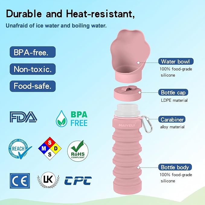 Portable Dog Water Bottle, Collapsible Silicone Dog Water Bottle with Bowl, Squeeze Leak-Proof Travel Water Dispenser for Walking, Hiking & Camping, 225–550ml (Pink)