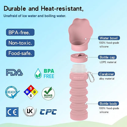 Portable Dog Water Bottle, Collapsible Silicone Dog Water Bottle with Bowl, Squeeze Leak-Proof Travel Water Dispenser for Walking, Hiking & Camping, 225–550ml (Pink)