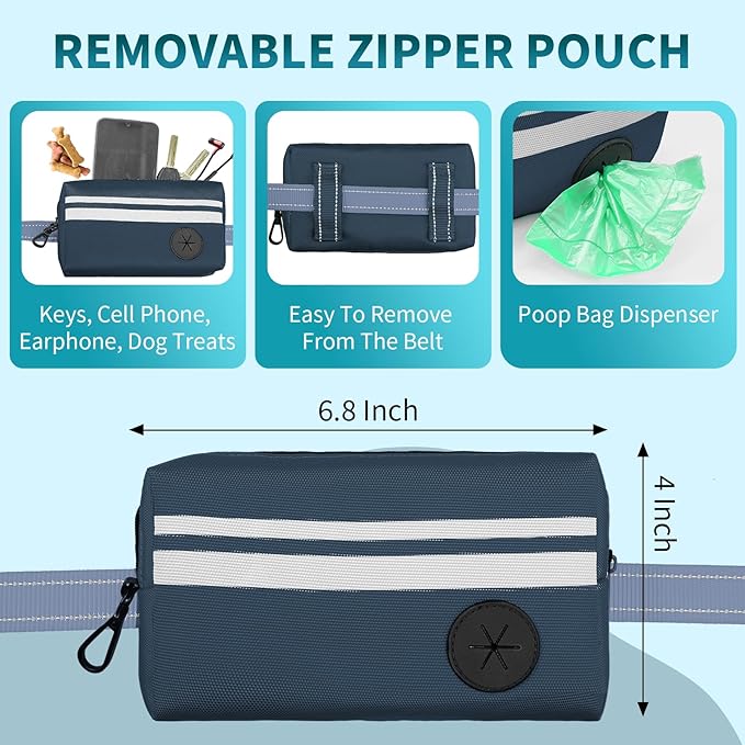Hands Free Dog Leash with Removable Zipper Pouch, Dual Padded Handles and Durable Bungee for Walking, Jogging and Running-Your Dog (Large, 35-140 lbs Navy Blue