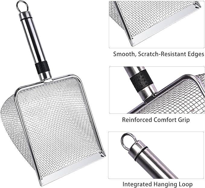 2-Pack Stainless Steel Cat Litter Scoop, 3.8mm Fine Mesh & 5mm Metal Scooper, 5.5-Inch Wide Deep Shovel, Long Handle, Rustproof Cat Poop Scooper for Clumping Litter, Multi-Pet & Beach Sand
