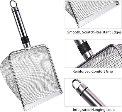 2-Pack Stainless Steel Cat Litter Scoop, 3.8mm Fine Mesh & 5mm Metal Scooper, 5.5-Inch Wide Deep Shovel, Long Handle, Rustproof Cat Poop Scooper for Clumping Litter, Multi-Pet & Beach Sand