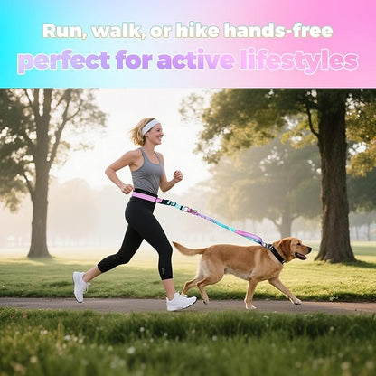 Hands Free Dog Leash for Large Medium Dogs – Bungee No Pull Running Leash with Dual Padded Handles, Reflective Nylon, Adjustable Waist Belt, Seatbelt Clip for Walking, Jogging, Hiking (BluePink)