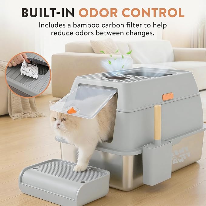 XL Stainless Steel Cat Litter Box with Enclosure and Pooper Scooper - Durable Black Metal Litter Box for Big Cats, High Sides for Anti-Leakage, Never Absorbs Odors, Non-Sticky - (60x40cm) (Gray)