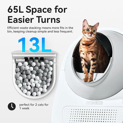 CATLINK Self Cleaning Cat Litter Box for Multiple Cats, Health Monitoring, Automatic Litter Box with APP, Odor Control, 65L Safe Pinch-Free Robot Cat Litter Box, White/Large (Ultra 5g & Camera)
