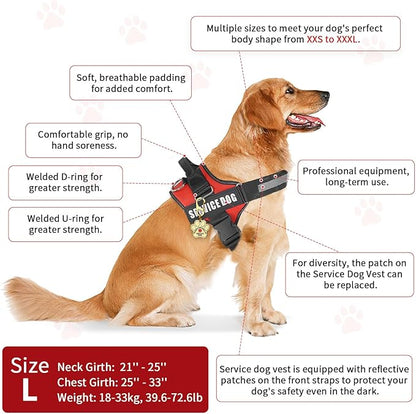 Service Dog Vest, ID Tag + 50 ADA Information Cards, Service Dog Harness in Sizes X Small to XX Large, Ruggedized Metal Tag, 2-Sided Service Animal Information Cards, ESA Accessory Set Large