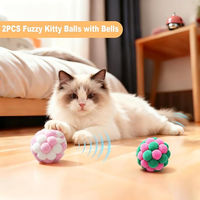 11-Piece Interactive Cat Toys for Indoor Cats, 2 Bendable Rope Toys, 4 Mice, 2 Springs, 2 Bell Balls & Feather Teaser - Kitten Chew Toys and Cat Supplies