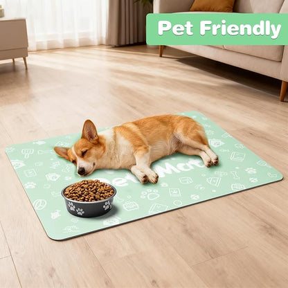 Pet Feeding Mat,Dog Cat Mat for Food and Water,Dog Bowl Waterproof Placemat with Rubber Backing,Absorbent Quick Dry Water Dispenser Mat for Pet（Green 17"×29"）