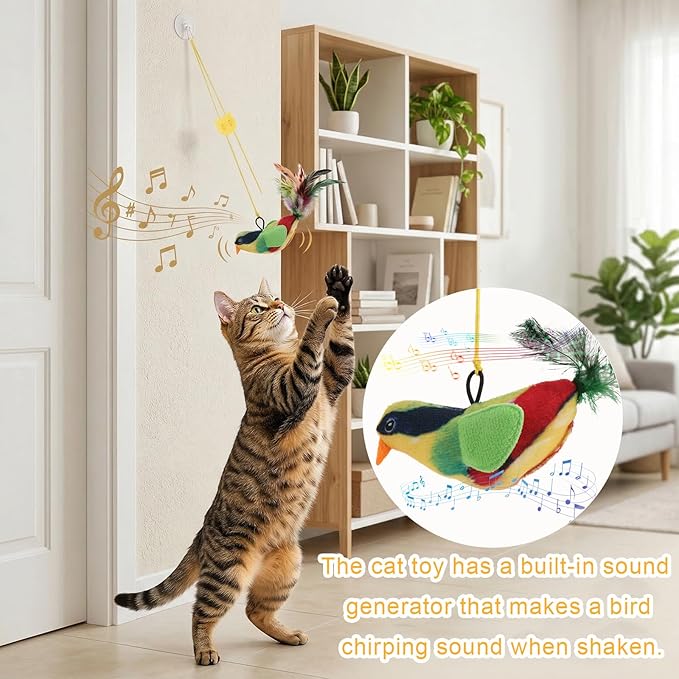 4 Pcs Interactive Cat Toys for Indoor Cats, Chirping Bird Cats Feather Toys, Flying Bird Cat Toys, Chase Exercise Door Frame Toy for Bored Kittens Adult Cats