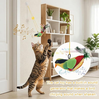 4 Pcs Interactive Cat Toys for Indoor Cats, Chirping Bird Cats Feather Toys, Flying Bird Cat Toys, Chase Exercise Door Frame Toy for Bored Kittens Adult Cats