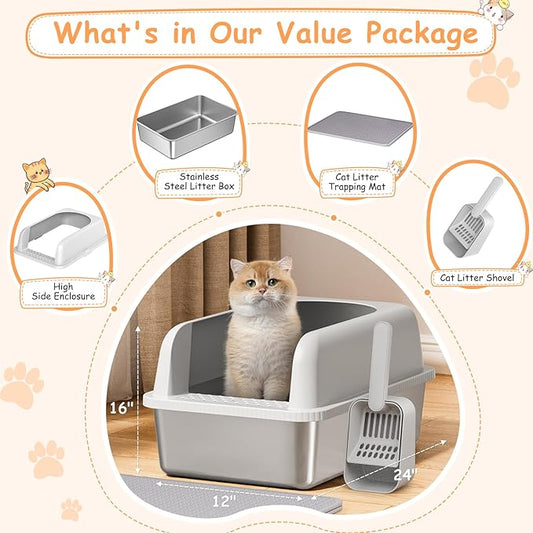 2 Pack Stainless Steel Litter Box, 24'' XL Extra Large Cat Litter Box with Lid, Metal Litter Boxes for Multiple Cats, Anti-Leakage,Non-Stick, Easy to Clean, Included Cat Litter Mat, Scoop