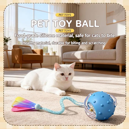 Interactive Cat Toys for Indoor Cats with 3 Interchangeable Tails - Automatic Moving & Chirping Ball, Self Play Toy for Playful Kittens & Bored Cats Home Alone (Blue)