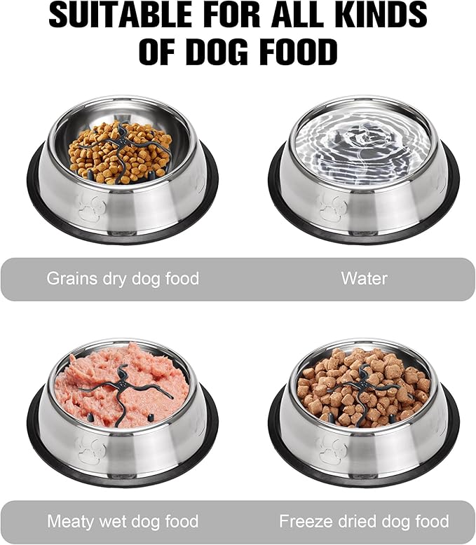 2-in-1 Metal Dog Bowl, Stainless Steel Dog Bowls Food Grade 304, Water Food Bowl with Anti-Slip Silicone Base for Small, Medium, Large Dogs (M-16.6oz)
