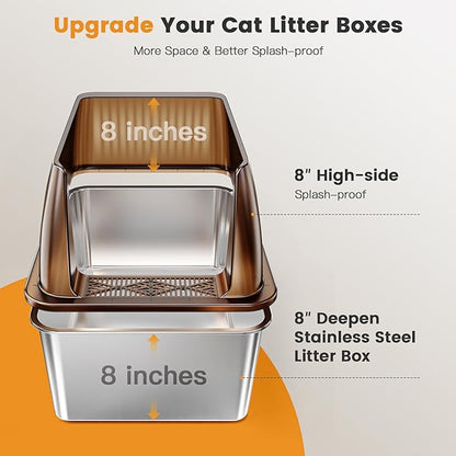 Tripamin 15” XL Stainless Steel Cat Litter Box Enclosure, XXL Stainless Steel High Sides with Lid, Extra Large Metal Cat Litter Box (Transluce, 2-pcs XX-Large)