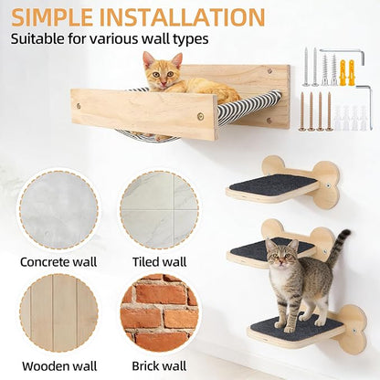 Cat Wall Hammock with 3 Steps, Pine Wood Wall Mounted Kitty Bed & Climbing Shelves up to 30lbs, Cat Furniture for Indoor Sleeping and Playing, Space Saving