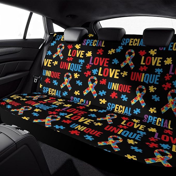 Car Interior Decor Seat Cover, Fashion Universal Stretch Back Seat Protector, Car Accessories Rear Bench Seat Covers for Trucks SUV Compatible with Autism Awareness Ribbon