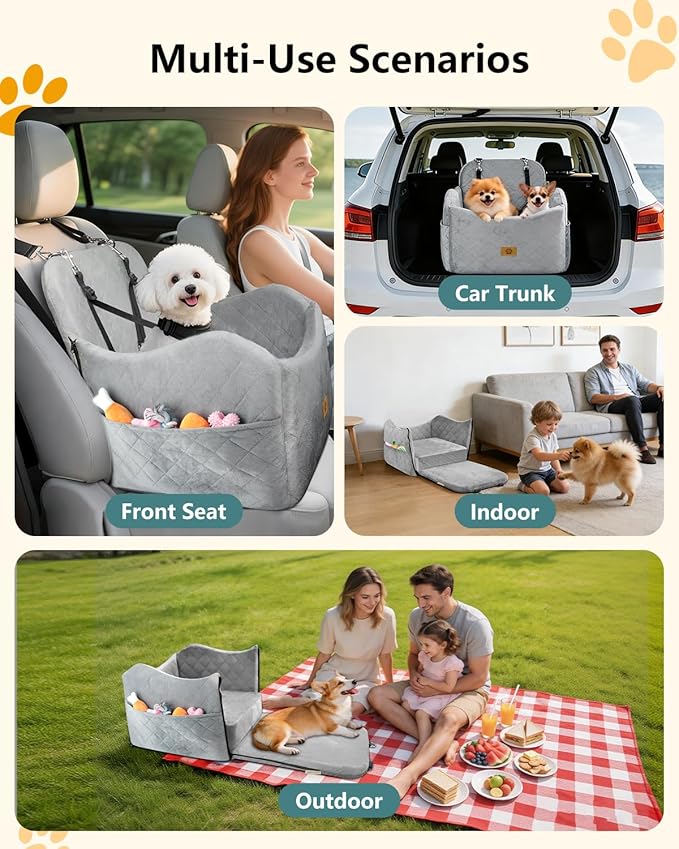 Dog Car Seat for Small/Medium Dogs Up to 35 lbs, 2-in-1 Pet Car Seat with Memory Foam, Machine Washable Dog Bed for Cars, Non-Slip Pet Booster Carseat with Safety Leashes, Storage Pockets (Grey)