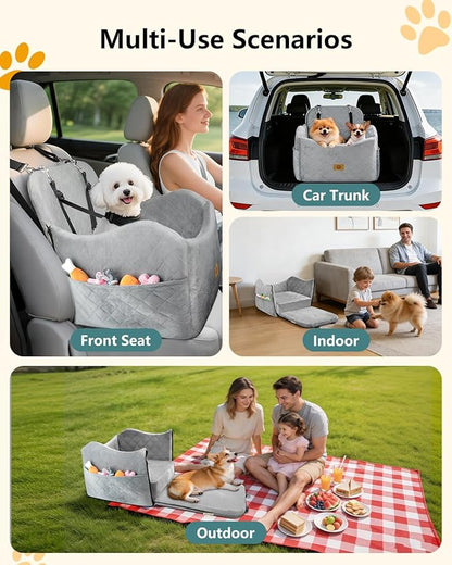 Dog Car Seat for Small/Medium Dogs Up to 35 lbs, 2-in-1 Pet Car Seat with Memory Foam, Machine Washable Dog Bed for Cars, Non-Slip Pet Booster Carseat with Safety Leashes, Storage Pockets (Grey)