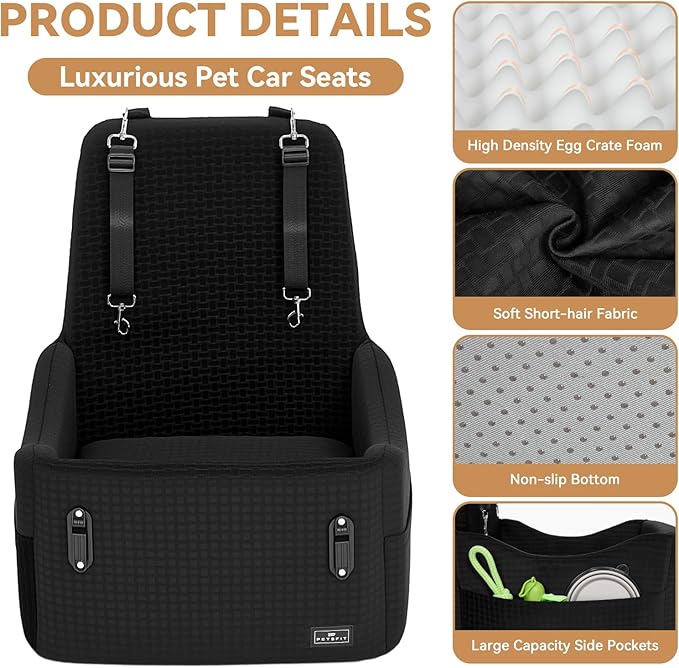 PETSFIT Dog Booster Car Seat for Small/Medium Dogs Up to 35 lbs – Patented Safety System, 6" Memory Foam Pet Car Seat, Fully Detachable and Washable Cover, Front/Back Seat Travel Booster (Black)