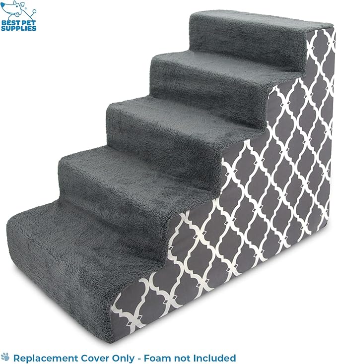Best Pet Supplies Foam Pet Steps Cover for Small Dogs and Cats, Portable Ramp Stairs for Couch, Sofa, and High Bed Climbing (Cover Only) - Gray Lattice, 5-Step (Cover Only)