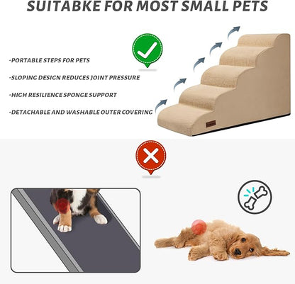 5-Step Dog Stairs and Ramp for High Bed, Non-Slip Sturdy Pet Steps for Small Dogs and Cats,22.2" H,Khaki