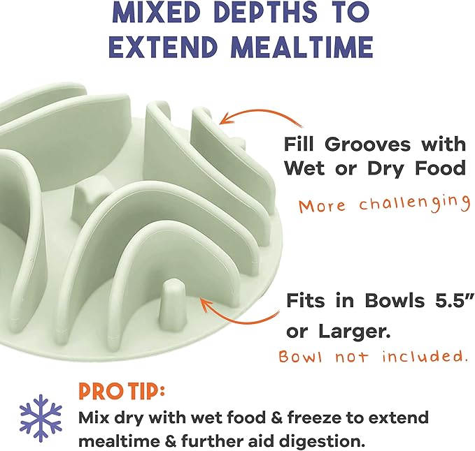 Awoo Great Vibes - Silicone Slow Feeder for Dog Bowls Over 5.5 Inches - Non-Slip, Wet and Dry Food-Compatible Pet Dish with Suction Cups - Extends Mealtime for Fast Eaters - Dishwasher Safe (Sage)