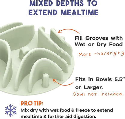 Awoo Great Vibes - Silicone Slow Feeder for Dog Bowls Over 5.5 Inches - Non-Slip, Wet and Dry Food-Compatible Pet Dish with Suction Cups - Extends Mealtime for Fast Eaters - Dishwasher Safe (Sage)