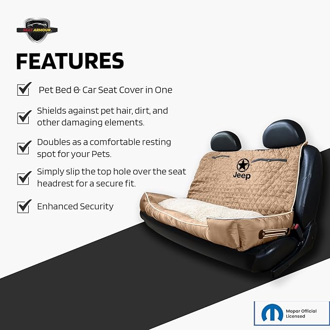 PetBed2GO Jeep Tan, Large Pet Bed Cushion & Car Seat Cover, 52x20x7, 6lbs