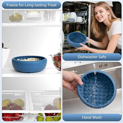 Dog Lick Bowl, ZOURYNUA Non-Slip Slow Feeder Dog Bowls, Enrichment Licking Mat for Distraction, Anxiety Relief Treat Dispenser Freezer, BPA Free Silicone & Dishwasher Safe (Dark Blue, Large)