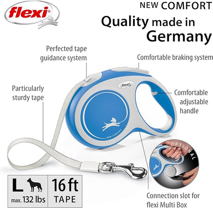 FLEXI New Comfort Retractable Dog Leash (Tape), Ergonomic, Durable and Tangle Free Pet Walking Leash for Dogs Up to 132 lbs, 16 ft, Large, Blue/Pastel