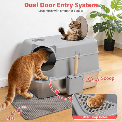 Enclosed Stainless Steel Cat Litter Box with Lid, XL Large Metal Litter Box Stainless Steel, Odor-Free/Anti-Leakage & Non-Stick/Easy Clean, High Sided Litter Box with Mat & Scoop for Big Cats