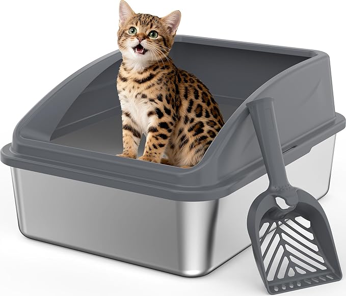 Stainless Steel Litter Box, Metal Kitty Litter Box with Scoop, Anti-Leakage Top Entry, Non-Sticky, Easy to Clean