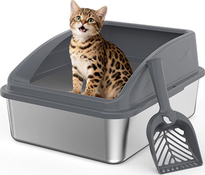 Stainless Steel Litter Box, Metal Kitty Litter Box with Scoop, Anti-Leakage Top Entry, Non-Sticky, Easy to Clean