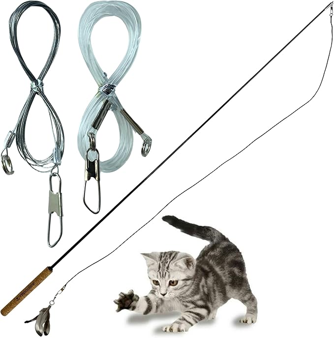 Forever Stick and 3 Strings including Chew Proof Metal Wire - The Unbreakable Cat Wand Toy, Durable Cat Toy Wand, Extra Long Cat String Toy, Cat Fishing Pole Toy for Bored Indoor Adult Cats, Stick Toy