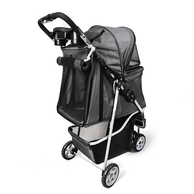 Pet Strollers for Small Medium Dogs & Cats, 3-Wheel Dog Stroller Folding Flexible Easy to Carry for Jogger Jogging Walking Travel with Sun Shade Cup Holder Mesh Window (Black)