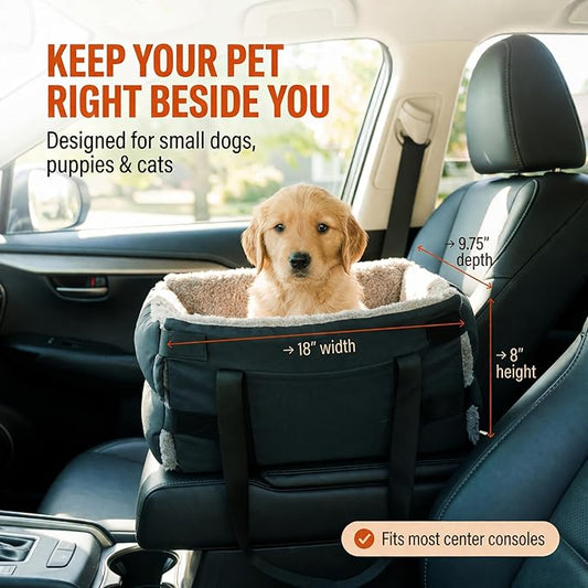 Center Console Dog Seat for Small Dogs & Cats | Pet Car Seat with Safety Strap & Cushion | Portable Middle Console Dog Bed | Secure Travel Booster Seat by Carver Park
