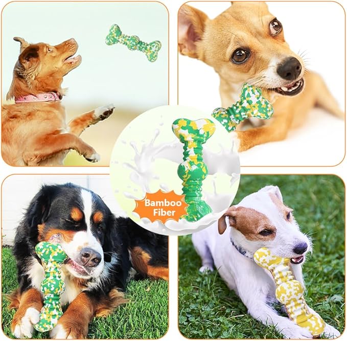 Dog Chew Toys for Aggressive Chewers, Safe Bamboo Fiber & Nature Rubber-Partially Degradable,Teething Cleaning Toys for Small Medium Large Dog Breeds Green L