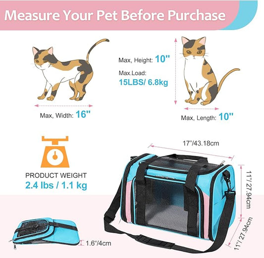 Discala Cat Dog Carrier Up to 15 Lbs TSA Airline Approved Pet Carrier for Small Medium Cats Puppies Dog Carriers for Small Dogs Collapsible Soft Sided Cat Travel Carrier - Blue&Pink 17"x11"x11"