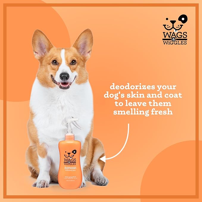 Wags & Wiggles Refresh Dog Deodorizing Spray in Zesty Grapefruit Scent - Long Lasting Dog Grooming Deodorizer Spray - Easy to Use to Combat Smelly Pet Odors, 12 Fl Oz