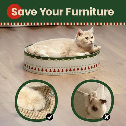 Cat Scratcher Bed, 2 in 1 Oval Cat Scratching Board for Indoor Kitty Scratch Pad Corrugated Cardboard Lounge Bowl Nest Couch Sofas for Kittens, Includes Cat Toy, Christmas
