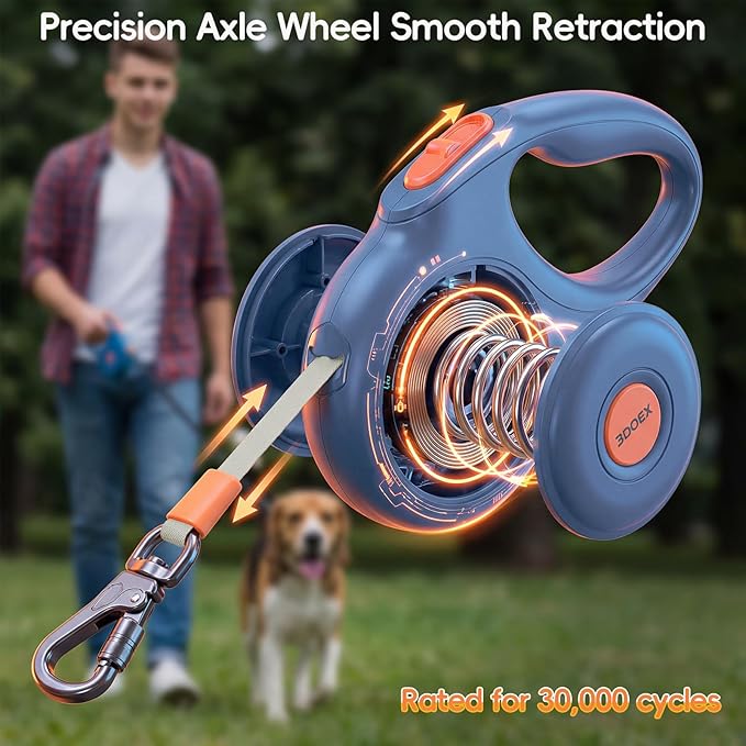 Retractable Dog Leash 10FT for Small & Medium Dogs, Sturdy Heavy-Duty Nylon Tape with Secure Locking Carabiner & Poop Bag Holder, Smooth One-Hand Control, Anti-Slip Handle, Tangle-Free Design (Blue)