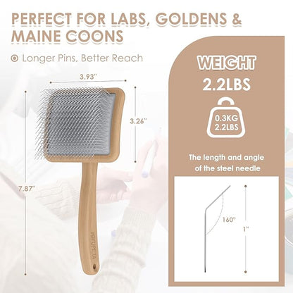 Large Long Pin Slicker Brush for Shedding – 3PC Grooming Kit with Dematting Comb & Comb for Long-Haired Dogs & Cats, Doodles, Poodles, Goldendoodle & Double Coats, Wooden Handle, Natural