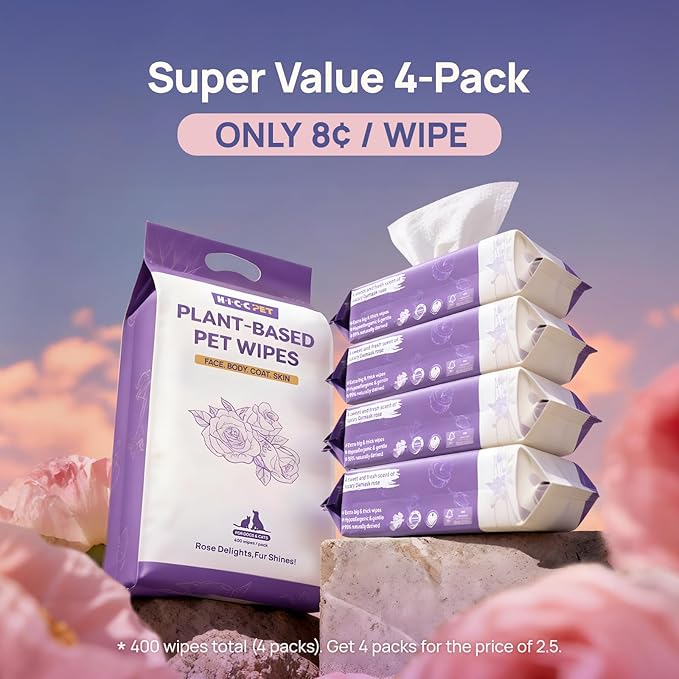 HICC PET Cleaning Deodorizing Wipes for Dogs & Cats, Vet Recommended Plant-Based Pet Grooming Wipes, Fermented Coconut Oil Grooming Paws, Body and Butt, Family Size Supply 400 Count, Rose