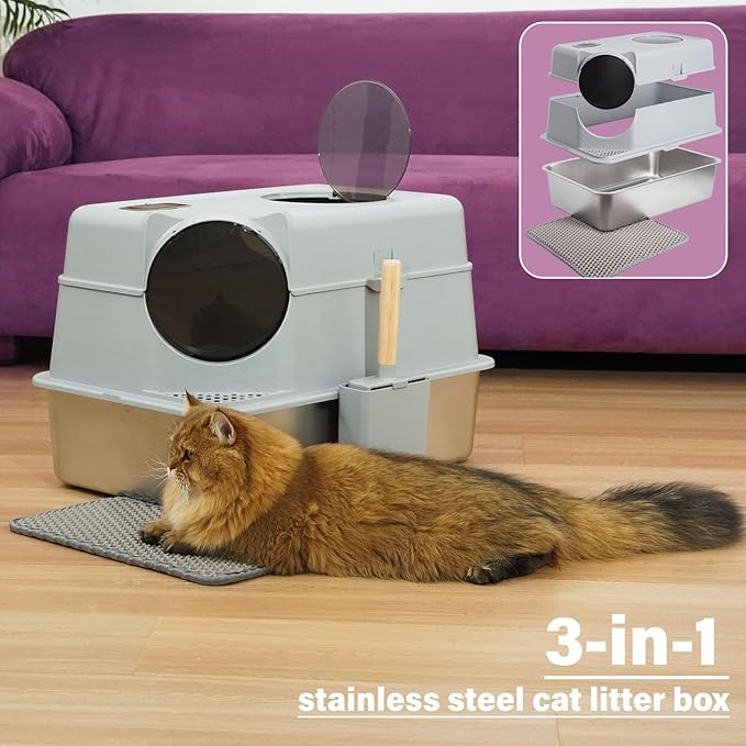 Stainless Steel Cat Litter Box with Lid,3IN1 Metal Litter Box High Sides for Big/Multiple Cats,Indoor,1-Mat and 1-Scoop,Easy to Clean, No Odor,Anti-Urine Leakage